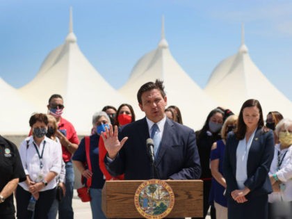 MIAMI, FLORIDA - APRIL 08: Florida Gov. Ron DeSantis speaks to the media about the cruise industry during a press conference at PortMiami on April 08, 2021 in Miami, Florida. The Governor announced that the state is suing the federal government to allow cruises to resume in Florida. (Photo by …