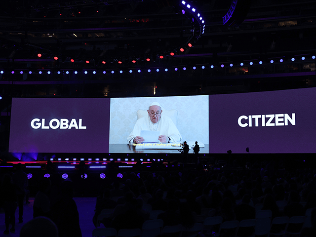 In this image released on May 2, Pope Francis speaks via video during Global Citizen VAX L