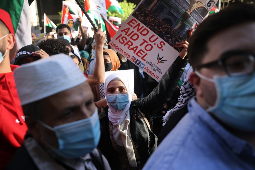 Thousands of protesters head towards the Israeli consulate to protest Israeli airstrikes in the Gaza Strip on May 12, 2021 in Chicago, Illinois. The death toll in Gaza continues to rise as the region is seeing the worst outbreak of violence since the 2014 Gaza war. (Scott Olson/Getty Images)