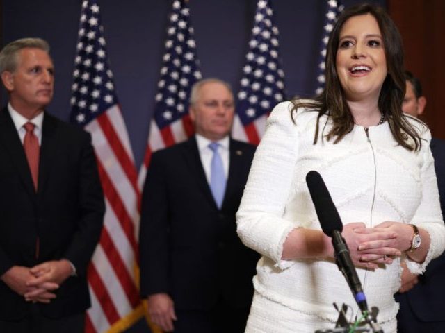 House Republican Conference Elects New Chair To Replace Liz Cheney WASHINGTON, DC - MAY 14: U.S. Rep. Elise Stefanik (R-NY) (R) speaks to members of the press after an election for House Republican Conference chair as House Minority Leader Rep. Kevin McCarthy (R-CA) (L), and House Minority Whip Rep. Steve Scalise (R-LA) (2nd L) listen at the U.S. Capitol Visitor …
