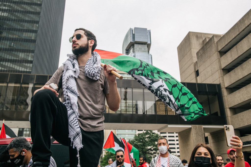Mohammad leads a chant during a march to the Houston City Hall on May 15, 2021 in Houston, Texas. People gathered during a rally to show support for Palestinians facing Israeli airstrikes in the Gaza Strip. The death toll in Gaza continues to rise as the region is seeing the worst outbreak of violence since the 2014 Gaza war. (Brandon Bell/Getty Images)