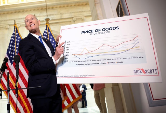 WASHINGTON, DC - MAY 18: Sen. Rick Scott (R-FL) speaks before a Senate Republican Policy luncheon at the Russell Senate Office Building on May 18, 2021 in Washington, DC. Scott spoke on inflation and the rising cost of goods prior to the meeting. (Photo by Kevin Dietsch/Getty Images)