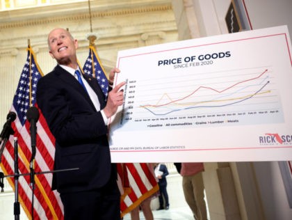 WASHINGTON, DC - MAY 18: Sen. Rick Scott (R-FL) speaks before a Senate Republican Policy luncheon at the Russell Senate Office Building on May 18, 2021 in Washington, DC. Scott spoke on inflation and the rising cost of goods prior to the meeting. (Photo by Kevin Dietsch/Getty Images)