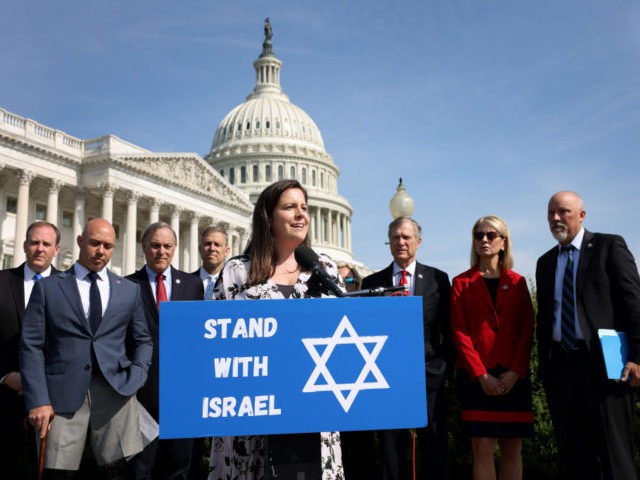 WASHINGTON, DC - MAY 20: Republican House Conference Chair Rep. Elise Stefanik (R-NY), joined by fellow House Republicans, speaks on the current conflict between Israel and the Palestinians on May 20, 2021 in Washington, DC. The Republicans voiced their support for Israel and urged the Biden Administration to intervene. (Photo …