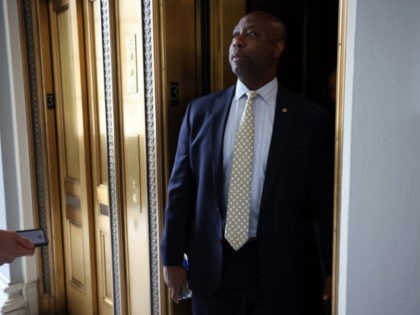WASHINGTON, DC - MAY 25: Sen. Tim Scott (R-SC) speaks to reporters as he leaves the weekly Republican policy luncheons on Capitol Hill on May 25, 2021 in Washington, DC. The Republicans spoke on their own infrastructure plan and are expected to introduce their counteroffer to President Biden's plan later …