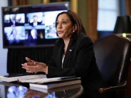 WASHINGTON, DC - MAY 27: U.S. Vice President Kamala Harris delivers opening remarks during a meeting with CEOs on the Northern Triangle in Central America, at the Vice President’s Ceremony Office at Eisenhower Executive Office Building May 27, 2021 in Washington, DC. Vice President Harris held a meeting with CEOs …