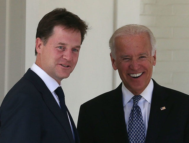 WASHINGTON, DC - SEPTEMBER 24: Vice President Joseph Biden greets Deputy Prime Minister of the United Kingdom Nick Clegg (L) upon his arrival at the Naval Observatory, September 24, 2013 in Washington, DC. Deputy Prime Minister Clegg was attending a reception in his honor. (Photo by Mark Wilson/Getty Images)