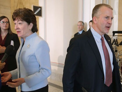WASHINGTON, DC - FEBRUARY 04: (L-R) Sen. Susan Collins (R-ME), Sen. Thom Tillis (R-NC) and Sen. Maria Cantwell (D-WA) leave a Senate bipartisan lunch in the Russell Senate Office Building on Capitol Hill February 4, 2015 in Washington, DC. Senators from both parties said they did not talk about current …