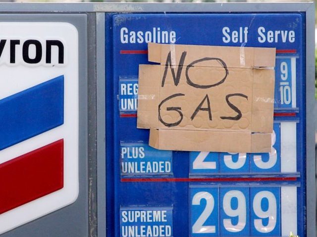 FT. LAUDERDALE - OCTOBER 27: A sign that reads," No Gas" hangs on a Chevron gas station in South Florida that had no power to pump gas October 27, 2005 in Ft. Lauderdale, Florida. Hurricane Wilma tore through the area leaving millions without power while doing billions of dollars worth …