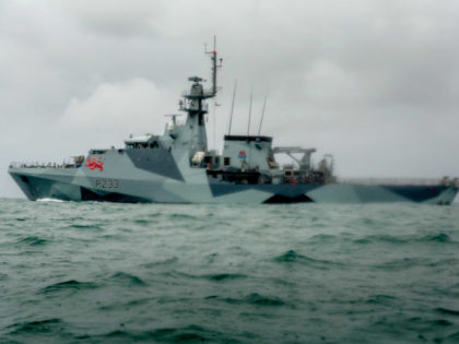 ST HELIER, JERSEY - MAY 06: HMS Tamar is deployed as French fishing boats sail into harbour to protest against new fishing licenses on May 6, 2021 in St Helier, Jersey. Up to 80 French fishing boats sailed to St Helier Harbour at 07:00 this morning to protest new fishing …