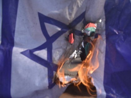 Demonstrators burn an Israeli flag during a protest against Israel's attacks on the Palest