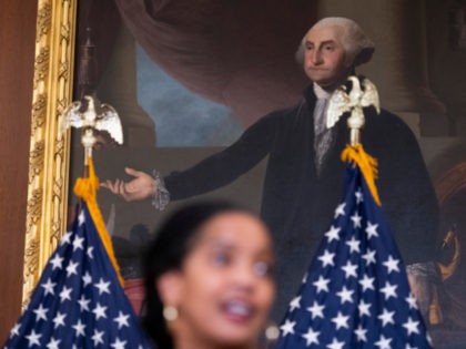 WASHINGTON, DC - MARCH 03: A painting of George Washington hangs on the wall as U.S. Congresswoman Jahana Hayes (D-CT) addresses media on the Rebuild Americas Schools Act on March 3, 2020 in Washington, DC. The act makes a $100 billion investment to both help repair and improve the physical …