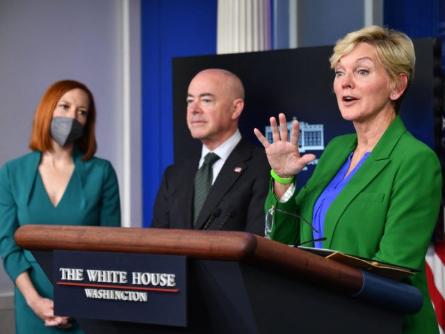 Secretary of Energy Jennifer Granholm holds a press briefing in the Brady Briefing Room of the White House in Washington, DC on May 11, 2021 as White House Press Secretary Jen Psaki(L) and Secretary of Homeland Security Alejandro Mayorkas look on. (Photo by Nicholas Kamm / AFP) (Photo by NICHOLAS …