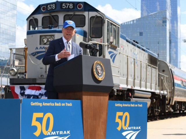 US President Joe Biden delivers remarks at an event marking Amtrak's 50th Anniversary at the William H. Gray III 30th Street Station in Philadelphia, Pennsylvania on April 30, 2021. (Photo by OLIVIER DOULIERY / AFP) (Photo by OLIVIER DOULIERY/AFP via Getty Images)