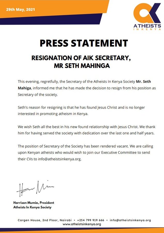 Atheists in Kenya press release.