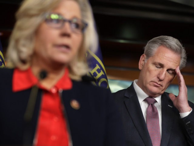 WASHINGTON, DC - FEBRUARY 13: House Minority Leader Kevin McCarthy (R-CA) (R) listens to House Republican Conference Chair Rep. Liz Cheney (R-WY) during a news conference following a caucus meeting at the U.S. Capitol Visitors Center February 13, 2019 in Washington, DC. McCarthy said that he supports the framework of …