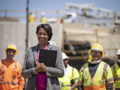 Washington, DC Mayor Muriel Bowser attends a news conference after touring the construction site atop the new Frederick Douglass Memorial Bridge on May 19, 2021 in Washington, DC. The nearly $500 million project to replace the old Frederick Douglass Memorial Bridge is the largest public works project in District of …