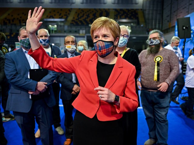 GLASGOW, SCOTLAND - MAY 07: First Minister Nicola Sturgeon reacts after being declared the winner of the Glasgow Southside seat at Glasgow counting centre in the Emirates Arena on May 07, 2021 in Glasgow, Scotland. All 129 Members of the Scottish Parliament (MSPs) will be elected. 73 MSPs will be …