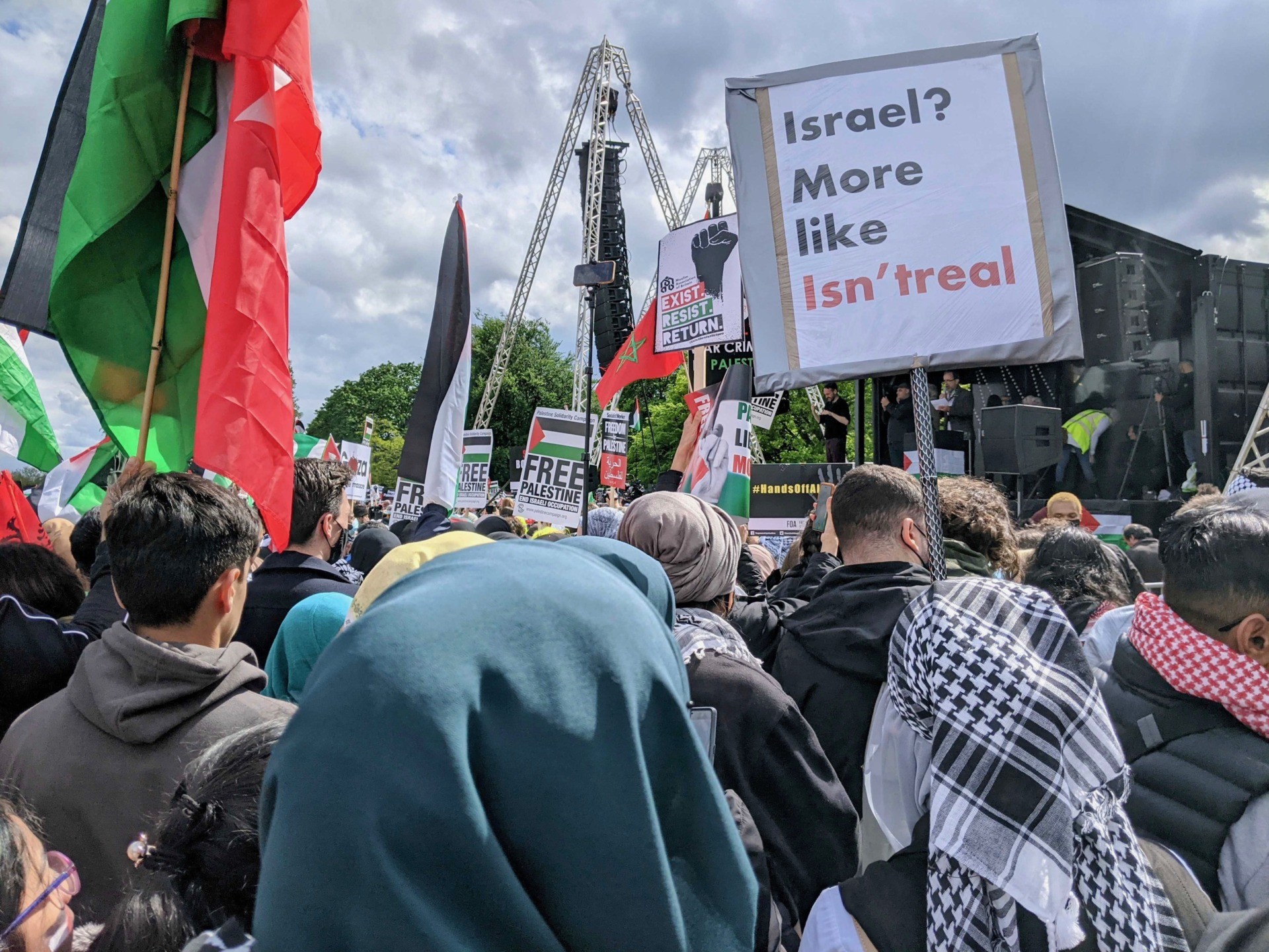 A placard reading: "Israel? More like Isn't Real" is seen at a pro-Palestine demonstration in London on May 22nd, 2021. Kurt Zindulka, Breitbart News