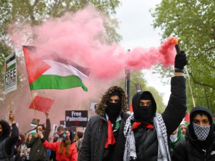 Pro-Palestine demonstrators hold placards as they gather to march in central London on May