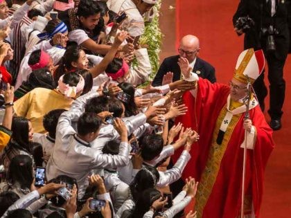 In this handout image provided by Catholic Bishops' Conference of Myanmar (CBCM), Pope Francis attends a public engagement on November 30, 2017 in Yangon, Burma. Thousands of Catholics have travelled from throughout Burma and neighboring countries to catch a glimpse of Pope Francis during his first ever papal visit to …