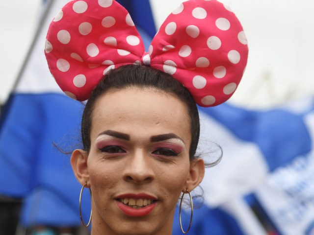 A person joins thousands of Nicaraguan anti-government protesters, including members of the Lesbian, Gay, Bisexual, Transgender/Transsexual and Intersexed (LGBTI) movement, in an national LGBTI march for Justice and Democracy, in Managua on June 28, 2018. - Nicaraguan human rights groups expressed renewed concern earlier this week over a rising death …