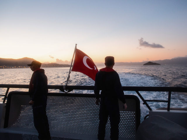 BODRUM, TURKEY - NOVEMBER 15: Members of Turkish coast guard unit 901 members patrol on a boat on the Aegean sea between Turkish resort town of Bodrum and the Greek island of Kos on November 15, 2019 in Bodrum, Turkey. Turkish officials reported over two-fold jump for illegal migrants and …