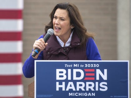 Michigan Governor Gretchen Whitmer speaks before Democratic U.S. Vice Presidential nominee Sen. Kamala Harris (D-CA) appears at IBEW Local Union 58 on October 25, 2020 in Detroit, Michigan. Harris is traveling to multiple locations in the metro Detroit area to campaign for Democratic presidential nominee Joe Biden. (Photo by Nic …