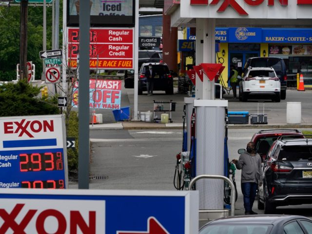Gas stations display the price of gasoline in Leonia, N.J., Monday, May 10, 2021. (AP Phot