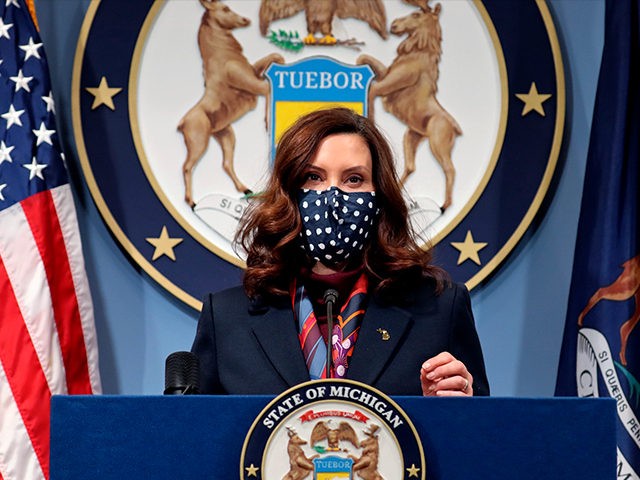 In a photo provided by the Michigan Office of the Governor, Gov. Gretchen Whitmer addresse