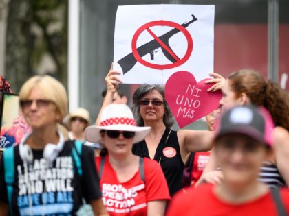 Protestors take part in a rally of Moms against gun violence and calling for Federal Background Checks on August 18, 2019 in New York City. (Photo by Johannes EISELE / AFP) (Photo by JOHANNES EISELE/AFP via Getty Images)