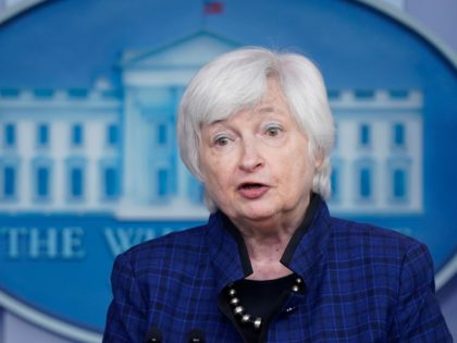 FILE - In this May 7, 2021 file photo, Treasury Secretary Janet Yellen speaks during a press briefing at the White House in Washington. The U.S. budget deficit surged to a record of $1.9 trillion for the first seven months of this budget year, bloated by the billions of dollars …