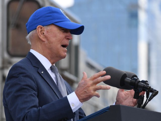 US President Joe Biden delivers remarks at an event marking Amtrak's 50th Anniversary at the William H. Gray III 30th Street Station in Philadelphia, Pennsylvania on April 30, 2021. (Photo by OLIVIER DOULIERY / AFP) (Photo by OLIVIER DOULIERY/AFP via Getty Images)