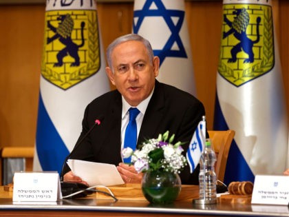 Israeli Prime Minister Benjamin Netanyahu attends a special cabinet meeting on the occasion of Jerusalem Day, at the Jerusalem Municipality building, in Jerusalem, Sunday, May 9, 2021. (Amit Shabi/Pool Photo via AP)
