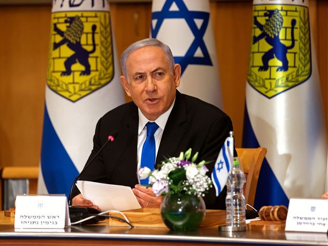 Israeli Prime Minister Benjamin Netanyahu attends a special cabinet meeting on the occasion of Jerusalem Day, at the Jerusalem Municipality building, in Jerusalem, Sunday, May 9, 2021. (Amit Shabi/Pool Photo via AP)