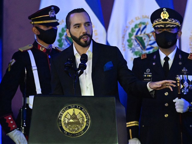 Salvadoran President Nayib Bukele delivers a speech during the commemoration of the Day of the Salvadoran Soldier and the 197th anniversary of the Salvadoran Armed Forces, at the Captain General Gerardo Barrios Military School, in Antiguo Cuscatlan, El Salvador, on May 7, 2021. (Photo by MARVIN RECINOS / AFP) (Photo by MARVIN RECINOS/AFP via Getty Images)