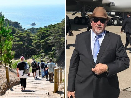 Left: People are walking on the Lands End trail of the Presidio park in San Francisco, California on August 2, 2020. (Photo by Daniel SLIM / AFP) (Photo by DANIEL SLIM/AFP via Getty Images) Right: Michael Savage