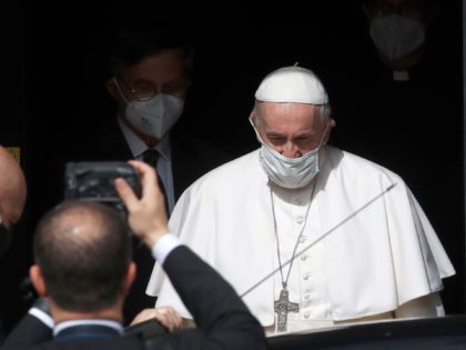 Pope Francis leaves after a visit to Radio Vaticana offices in Rome Monday, May 24, 2021. (AP Photo/Alessandra Tarantino)