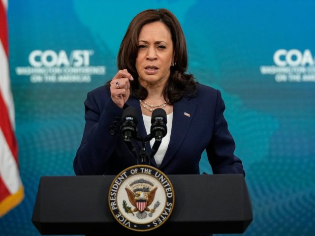 WASHINGTON, DC - MAY 4: U.S. Vice President Kamala Harris delivers virtual remarks to the Washington Conference on the Americas in the South Court Auditorium at the White House complex on May 4, 2021 in Washington, DC. The 51st Annual Washington Conference on the Americas is co-hosted by the U.S. …