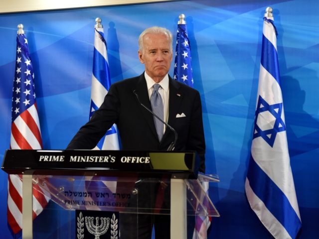 US Vice President Joe Biden and Israeli Prime Minister Benjamin Netanyahu, not seen, give
