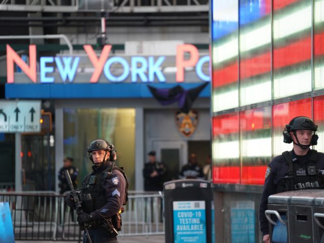 NEW YORK, NY - MAY 08: Police officers are seen in Times Square on May 8, 2021 in New York City. According to reports, three people, including a toddler, were injured in a shooting near West 44th St. and 7th Ave. (Photo by David Dee Delgado/Getty Images)