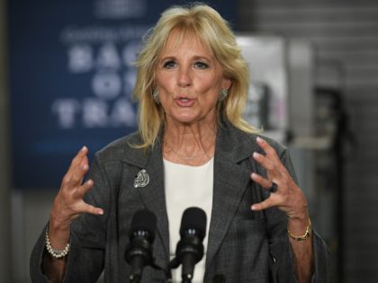 US First Lady Jill Biden speaks following a tour of Tidewater Community College in Norfolk