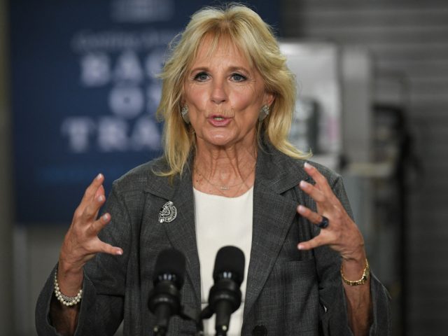 US First Lady Jill Biden speaks following a tour of Tidewater Community College in Norfolk, Virginia on May 3, 2021. (Photo by MANDEL NGAN / AFP) (Photo by MANDEL NGAN/AFP via Getty Images)