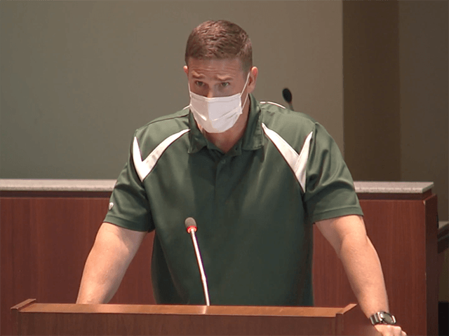 Leesburg Elementary School physical education teacher Byron “Tanner” Cross addresses the Loudoun County School Board during the public comment portion of the May 25 meeting. LCPS/Vimeo