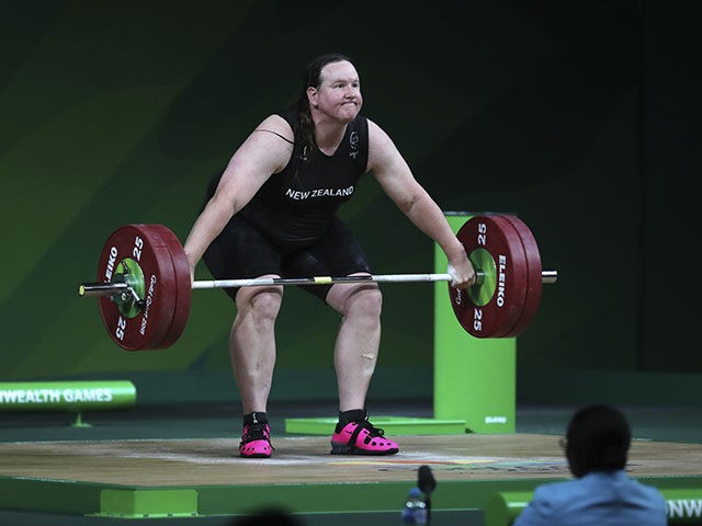 New Zealand's Laurel Hubbard lifts in the snatch of the women's +90kg weightlifting final at the 2018 Commonwealth Games on the Gold Coast, Australia, Monday, April 9, 2018. (AP Photo/Manish Swarup)