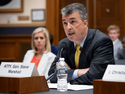 In this Friday, June 8, 2018, file photo, Alabama Attorney General Steve Marshall tells the House Judiciary Subcommittee on the Constitution and Civil Justice that his state will wrongly suffer a loss of representation if the 2020 census counts immigrants who are in the country illegally, on Capitol Hill in …