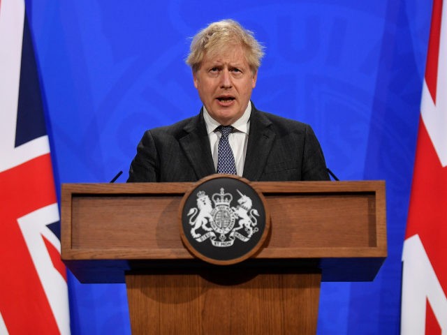 LONDON, ENGLAND - APRIL 20: Britain's Prime Minister Boris Johnson holds a news conference amid the coronavirus disease (COVID-19) pandemic at Downing Street on April 20, 2021 in London, England. (Photo by Toby Melville - WPA Pool / Getty Images)
