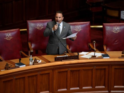 State Sen. Rob Sampson, R-Wolcott speaks during special session at the State Capitol, Tuesday, July 28, 2020, in Hartford, Conn. (AP Photo/Jessica Hill)