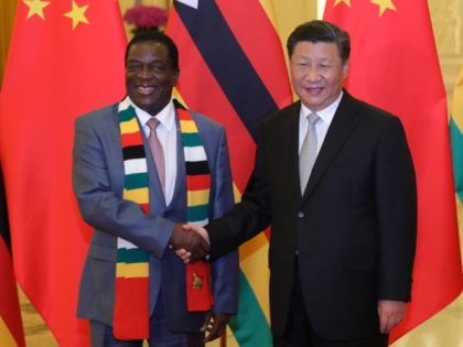 BEIJING, CHINA - SEPTEMBER 05: Chinese President Xi Jinping (R) shakes hands with Zimbabwe President Emmerson Mnangagwa before during a meeting at the Great Hall of the People at The Great Hall Of The People on September 5, 2018 in Beijing, China. (Photo by Lintao Zhang/Getty Images)