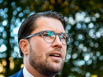 The party leader of the far-right Sweden Democrats, Jimmie Akesson, speaks to the press up